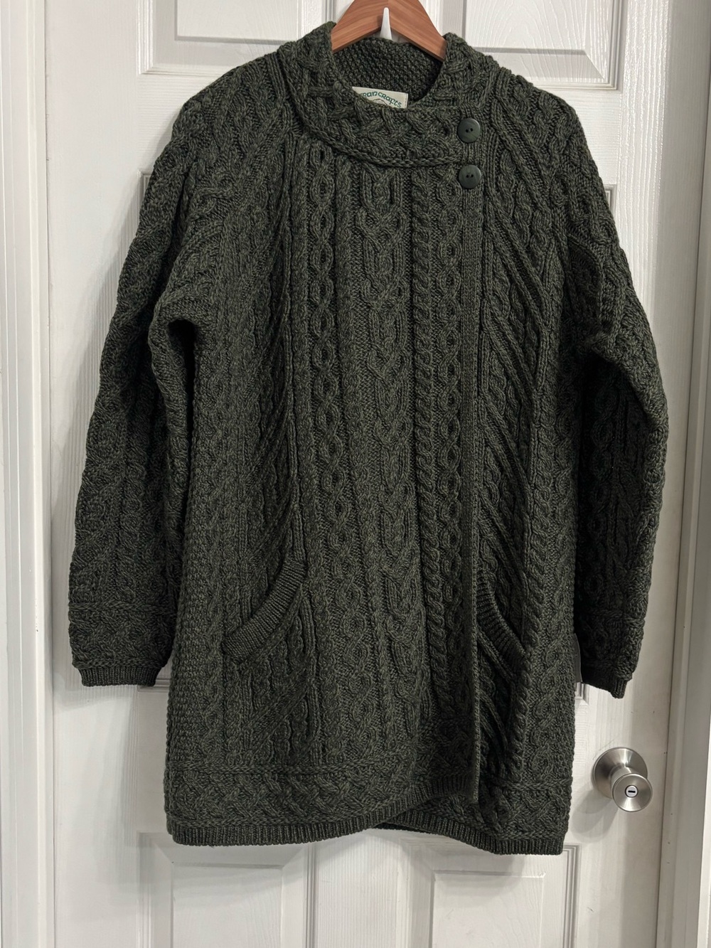 Aran Crafts Olive Cable-Knit Mock Neck Long Cardigan Sweater XL NWOT